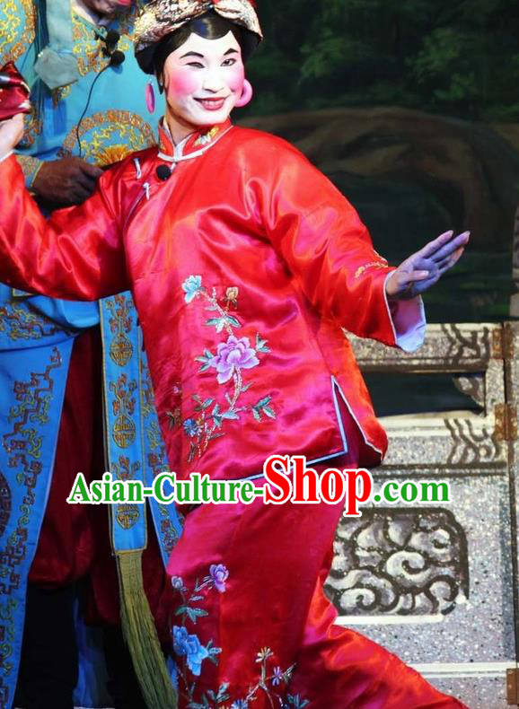 Chinese Cantonese Opera Woman Matchmaker Garment The Mad Monk by the Sea Costumes and Headdress Traditional Guangdong Opera Elderly Female Apparels Red Dress