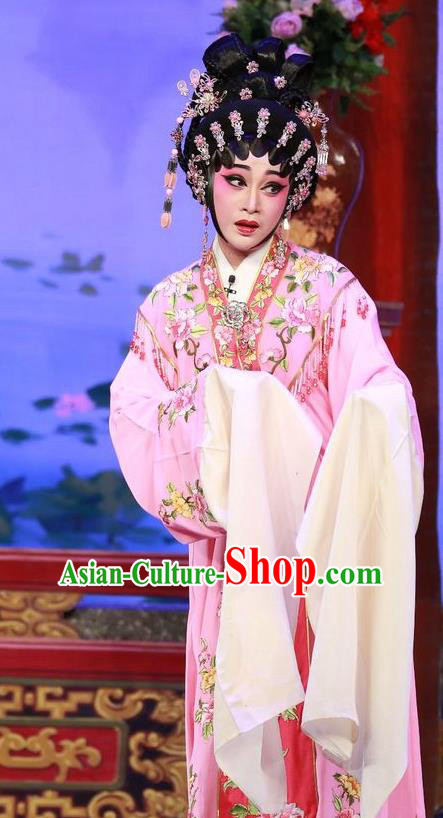 Chinese Cantonese Opera Young Female Garment The Mad Monk by the Sea Costumes and Headdress Traditional Guangdong Opera Diva Qiu Chan Apparels Hua Tan Pink Dress