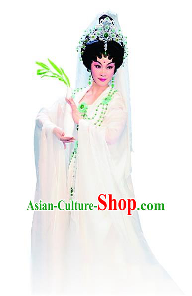 Chinese Cantonese Opera Princess Miaoshan Garment Costumes and Headdress Traditional Guangdong Opera Goddess Apparels Guanyin Bodhisattva Dress