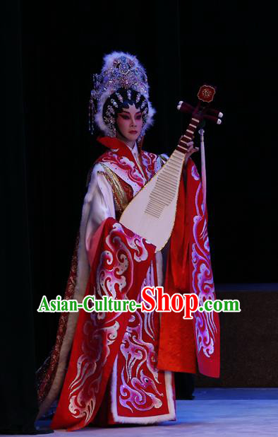 Chinese Cantonese Opera Hua Tan Garment Zhaojun Frontier Song Costumes and Headdress Traditional Guangdong Opera Young Beauty Apparels Queen Red Dress