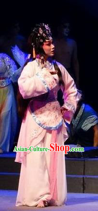 Chinese Cantonese Opera Young Lady Garment Zi Yun Costumes and Headdress Traditional Guangdong Opera Village Girl Apparels Hua Tan Dress