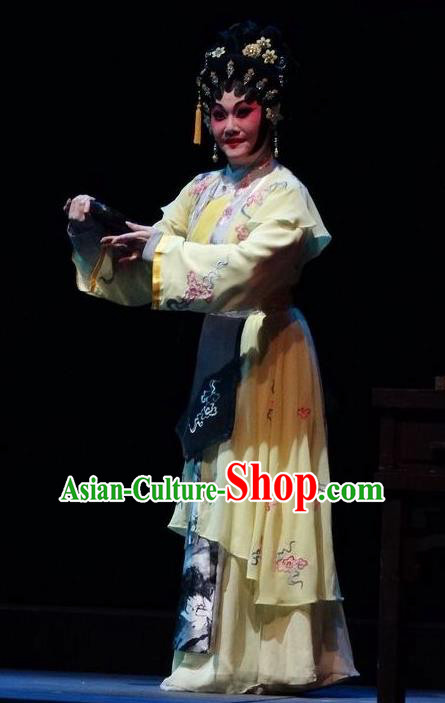 Chinese Cantonese Opera Young Beauty Garment Zi Yun Costumes and Headdress Traditional Guangdong Opera Village Girl Apparels Actress Yellow Dress