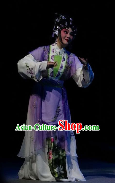 Chinese Cantonese Opera Hua Tan Garment Zi Yun Costumes and Headdress Traditional Guangdong Opera Country Woman Apparels Young Female Purple Dress