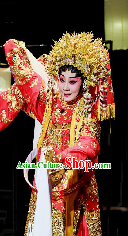 Chinese Cantonese Opera Bride Garment Fu Shi San Sheng Meng Costumes and Headdress Traditional Guangdong Opera Hua Tan Apparels Young Female Red Dress