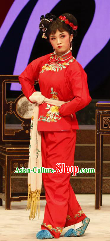 Chinese Cantonese Opera Young Lady Garment Nao Chai Costumes and Headdress Traditional Guangdong Opera Village Girl Apparels Hu Xiaoying Red Dress