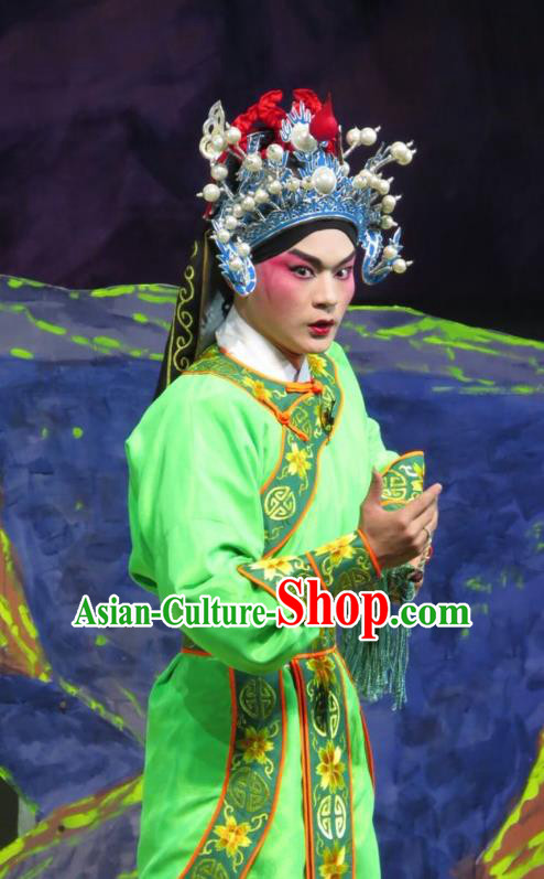 The Strange Stories Chinese Guangdong Opera Wusheng Apparels Costumes and Headwear Traditional Cantonese Opera Martial Male Garment Pang Biao Green Clothing