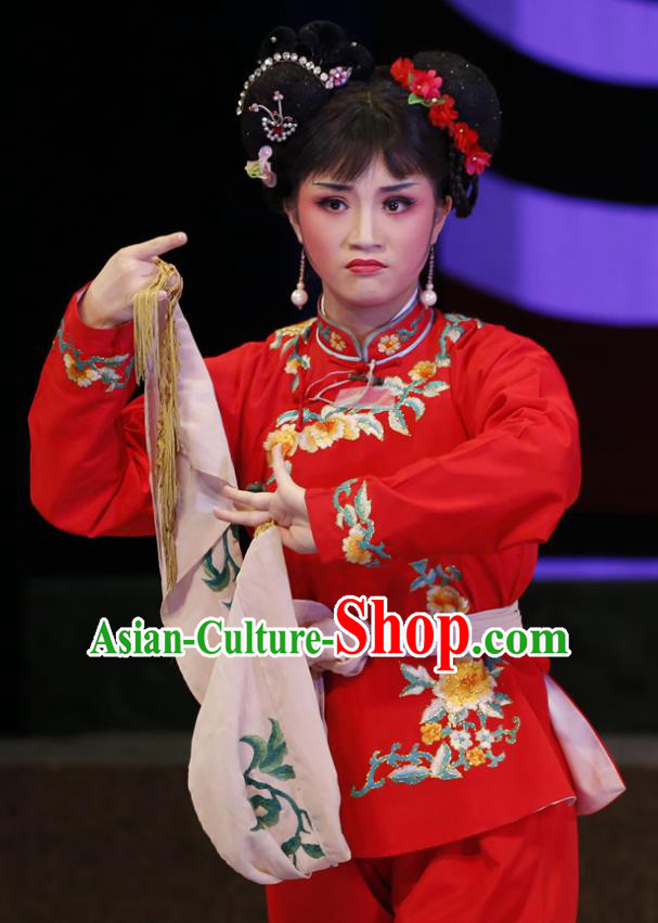 Chinese Cantonese Opera Young Lady Garment Nao Chai Costumes and Headdress Traditional Guangdong Opera Village Girl Apparels Hu Xiaoying Red Dress
