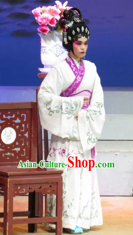 Chinese Cantonese Opera Xiaodan Garment The Strange Stories Costumes and Headdress Traditional Guangdong Opera Figurant Apparels Maidservant White Dress