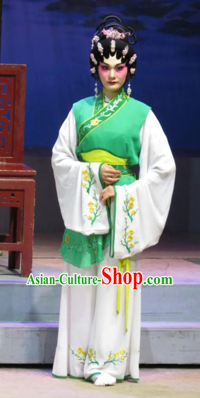 Chinese Cantonese Opera Xiaodan Garment The Strange Stories Costumes and Headdress Traditional Guangdong Opera Figurant Apparels Maidservant Green Dress