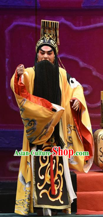 King of Qin Meng Jiang Chinese Guangdong Opera Monarch Apparels Costumes and Headwear Traditional Cantonese Opera Elderly Male Garment First Emperor Clothing
