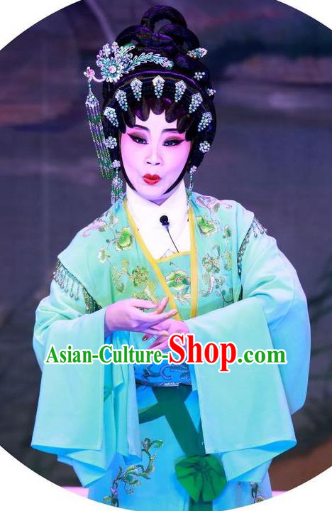 Chinese Cantonese Opera Diva Su Yugui Garment Escape from Banishment Costumes and Headdress Traditional Guangdong Opera Actress Apparels Young Mistress Green Dress