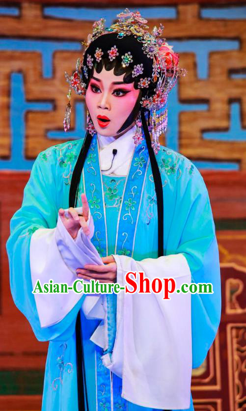 Chinese Cantonese Opera Young Lady Garment San Xiao Yin Yuan Costumes and Headdress Traditional Guangdong Opera Hua Tan Apparels Diva Qiu Xiang Blue Dress