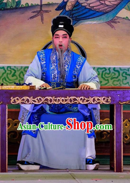 San Xiao Yin Yuan Chinese Guangdong Opera Elderly Male Apparels Costumes and Headwear Traditional Cantonese Opera Laosheng Garment Old Teacher Clothing