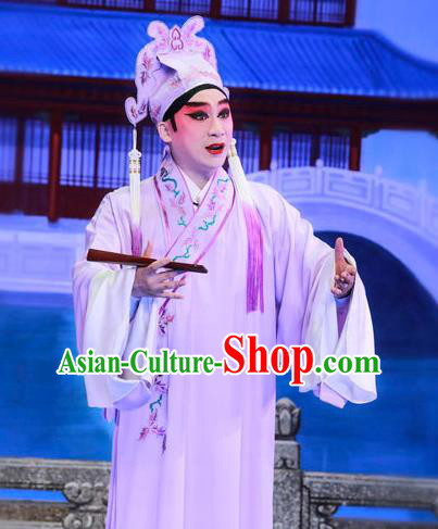 San Xiao Yin Yuan Chinese Guangdong Opera Scholar Tang Bohu Apparels Costumes and Headwear Traditional Cantonese Opera Young Male Garment Gifted Youth Clothing