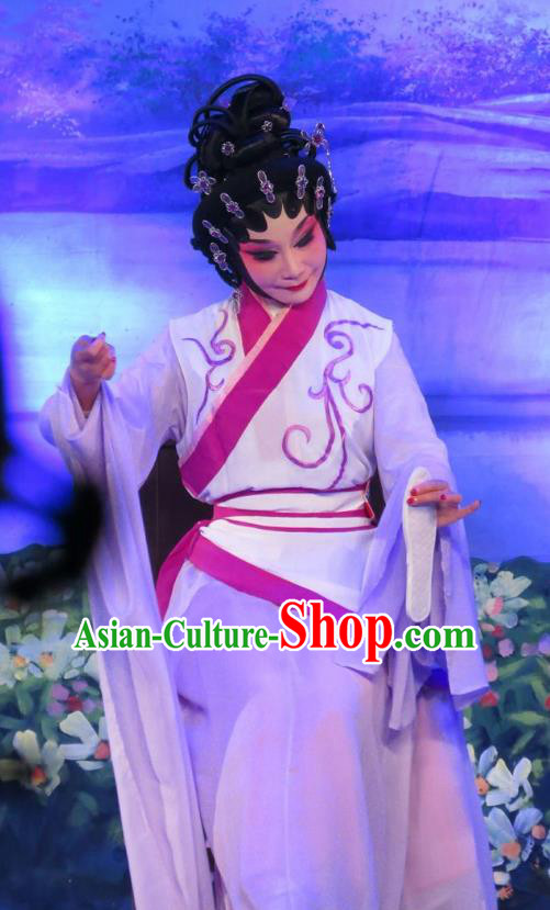 Chinese Cantonese Opera Young Female Garment Wu Nv Bai Shou Costumes and Headdress Traditional Guangdong Opera Diva Apparels Actress Yang Sanchun Dress