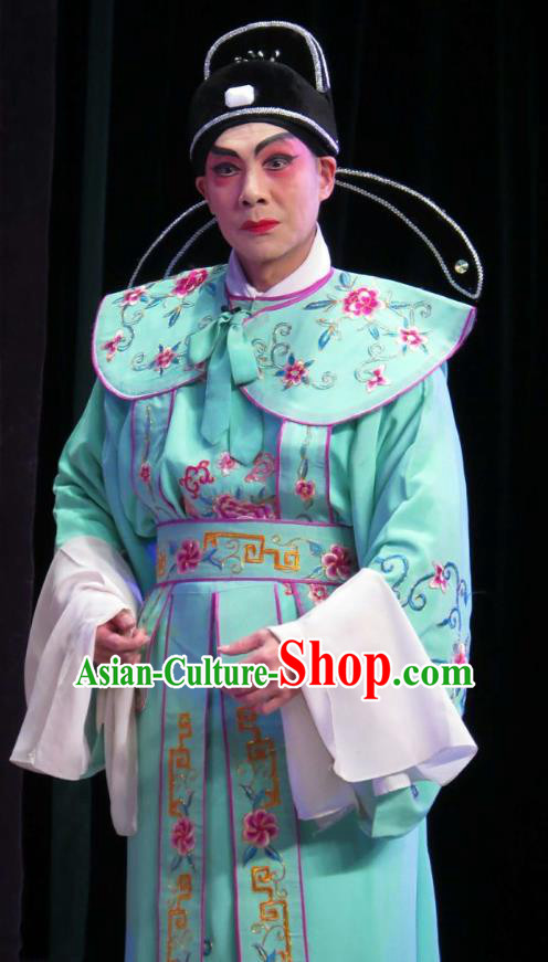 Wu Nv Bai Shou Chinese Guangdong Opera Young Male Apparels Costumes and Headwear Traditional Cantonese Opera Childe Garment Xiaosheng Green Clothing
