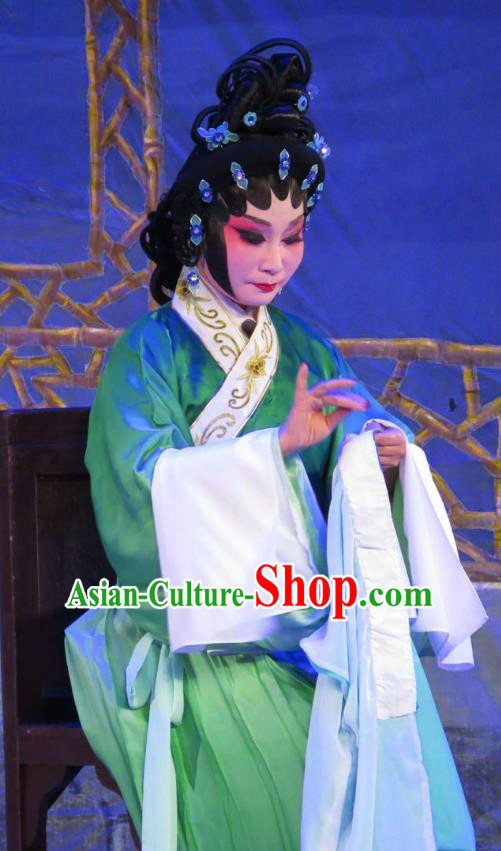 Chinese Cantonese Opera Country Woman Garment Wu Nv Bai Shou Costumes and Headdress Traditional Guangdong Opera Young Mistress Apparels Yang Sanchun Green Dress