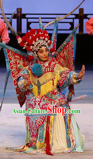 Chinese Cantonese Opera Tao Ma Tan Garment Liu Jinding Costumes and Headdress Traditional Guangdong Opera Female General Apparels Dress with Flags