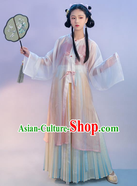 Chinese Traditional Ming Dynasty Young Lady Embroidered Apparels Ancient Noble Female Hanfu Dress Historical Costumes Complete Set for Women