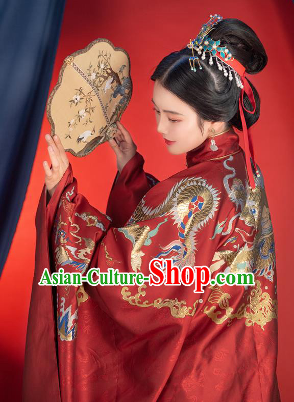 Chinese Traditional Ming Dynasty Wedding Embroidered Apparels Ancient Noble Woman Hanfu Dress Bride Historical Costumes Complete Set