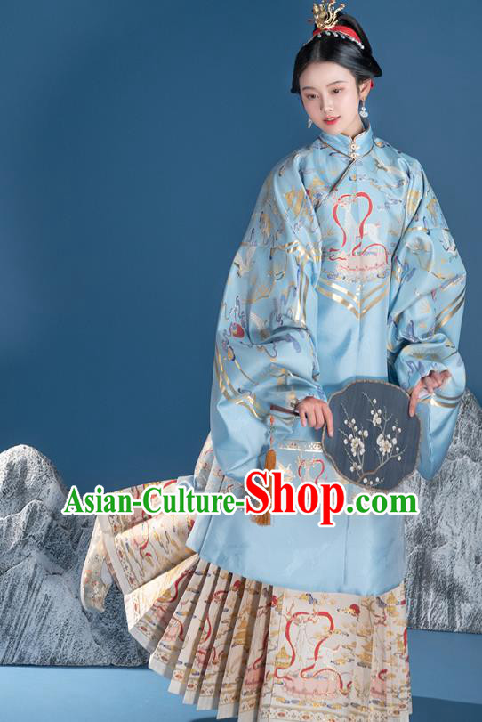 Chinese Traditional Ming Dynasty Noble Lady Embroidered Apparels Ancient Royal Princess Hanfu Dress Historical Costumes Blue Long Blouse and Skirt Complete Set