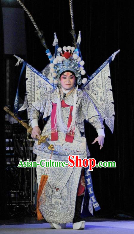 The Sword Chinese Guangdong Opera General Kao Apparels Costumes and Headwear Traditional Cantonese Opera Military Officer Garment Armor Clothing with Flags