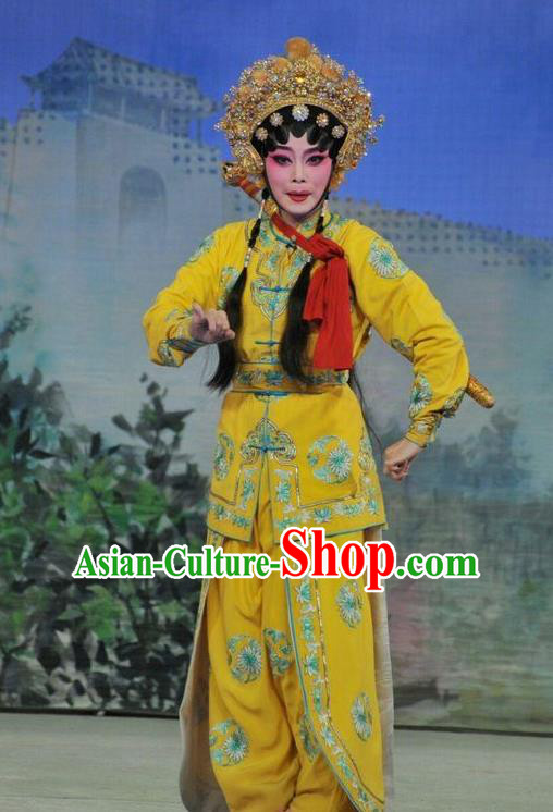 Chinese Cantonese Opera Martial Female Garment The Sword Costumes and Headdress Traditional Guangdong Opera Wudan Apparels Swordswoman Yellow Dress
