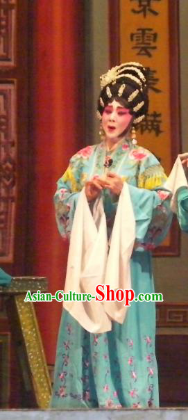 Chinese Cantonese Opera Queen Garment Wu Suo Dong Gong Costumes and Headdress Traditional Guangdong Opera Actress Apparels Empress Blue Dress