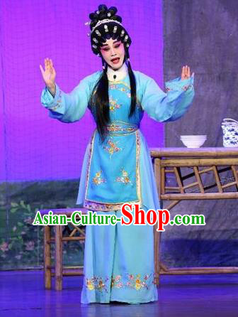 Chinese Cantonese Opera Village Girl Garment Feng Guan Meng Costumes and Headdress Traditional Guangdong Opera Young Female Apparels Diva Li Yue E Blue Dress