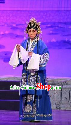 Chinese Cantonese Opera Rich Dame Garment Feng Guan Meng Costumes and Headdress Traditional Guangdong Opera Actress Apparels Mistress Blue Dress