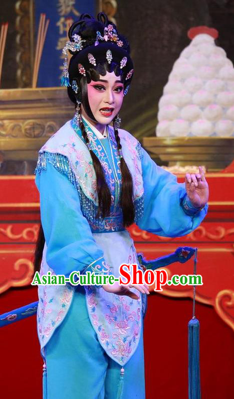 Chinese Cantonese Opera Martial Female Garment San Kan Yu Mei Costumes and Headdress Traditional Guangdong Opera Swordswoman Apparels Wudan Liu Jinding Dress