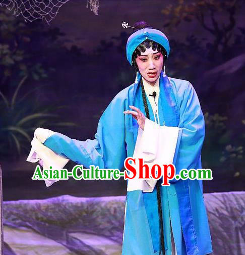 Chinese Cantonese Opera Country Woman Garment Costumes and Headdress Traditional Guangdong Opera Actress Apparels Young Female Blue Dress