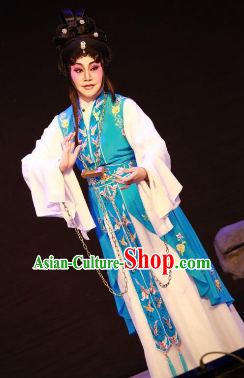 Chinese Cantonese Opera Young Woman Garment Nu Chuang Jin Dian Costumes and Headdress Traditional Guangdong Opera Female Prisoner Apparels Dress