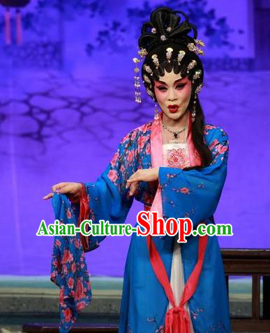 Chinese Cantonese Opera Diva Garment Qing Hua Pan Jinlian Costumes and Headdress Traditional Guangdong Opera Young Female Apparels Actress Blue Dress