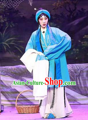 Chinese Cantonese Opera Country Woman Garment Costumes and Headdress Traditional Guangdong Opera Actress Apparels Young Female Blue Dress