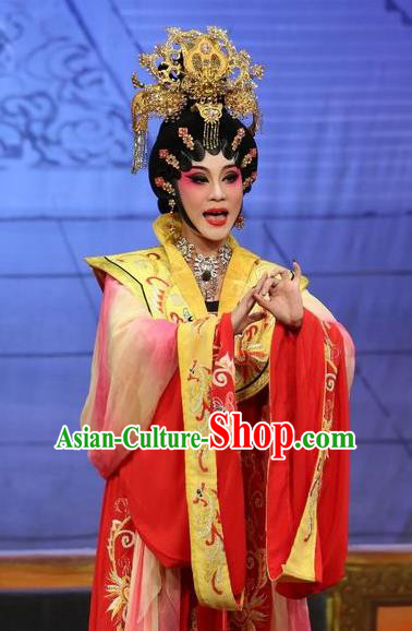 Chinese Cantonese Opera Queen Garment Li Shimin Deng Ji Costumes and Headdress Traditional Guangdong Opera Young Female Apparels Empress Red Dress