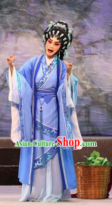Chinese Cantonese Opera Young Mistress Garment Pan Maoming Costumes and Headdress Traditional Guangdong Opera Actress Apparels Diva Blue Dress