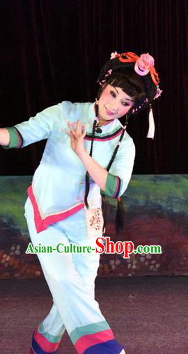 Chinese Cantonese Opera Young Lady Shui Mei Garment Dan Jia Nv Costumes and Headdress Traditional Guangdong Opera Fisher Maiden Apparels Village Girl Dress
