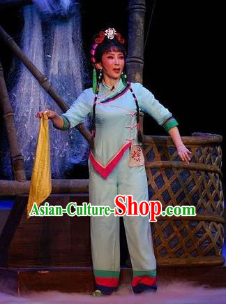 Chinese Cantonese Opera Young Lady Shui Mei Garment Dan Jia Nv Costumes and Headdress Traditional Guangdong Opera Fisher Maiden Apparels Village Girl Dress