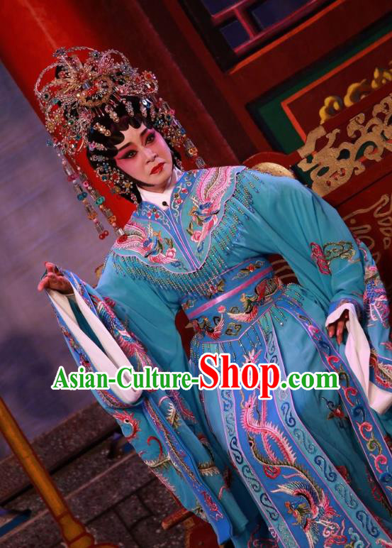 Chinese Cantonese Opera Imperial Consort Garment Dan Jia Nv Costumes and Headdress Traditional Guangdong Opera Hua Tan Apparels Young Female Blue Dress