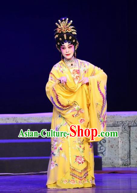 Chinese Cantonese Opera Empress Garment Li Shimin Deng Ji Costumes and Headdress Traditional Guangdong Opera Queen Apparels Hua Tan Yellow Dress