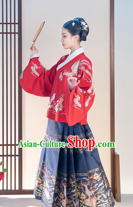 Chinese Traditional Ming Dynasty Patrician Lady Apparels Ancient Hanfu Dress Historical Costumes Red Blouse and Navy Blue Skirt Complete Set