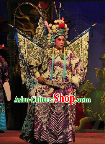 Shi Zou Yan Song Chinese Guangdong Opera General Apparels Costumes and Headwear Traditional Cantonese Opera Military Officer Garment Clothing with Flags