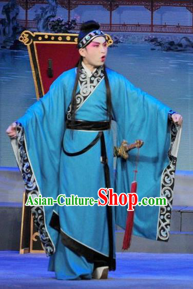 Luo Shui Qing Meng Chinese Guangdong Opera Young Male Apparels Costumes and Headwear Traditional Cantonese Opera Prince Garment Niche Blue Clothing