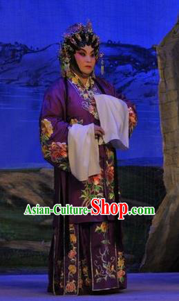 Chinese Cantonese Opera Dame Garment Da Nao Mei Zhi Fu Costumes and Headdress Traditional Guangdong Opera Actress Apparels Middle Age Female Purple Dress