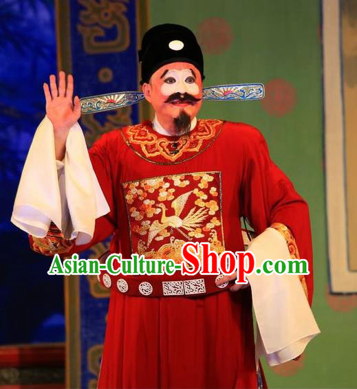 Xu Jiujing Chinese Guangdong Opera Clown Apparels Costumes and Headwear Traditional Cantonese Opera Official Garment Magistrate Red Clothing