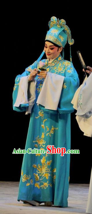 Lou Tai Hui Chinese Guangdong Opera Zhu Yingtai Apparels Costumes and Headwear Traditional Cantonese Opera Scholar Garment Xiaosheng Blue Robe Clothing