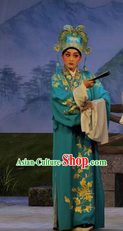Lou Tai Hui Chinese Guangdong Opera Zhu Yingtai Apparels Costumes and Headwear Traditional Cantonese Opera Scholar Garment Xiaosheng Blue Robe Clothing