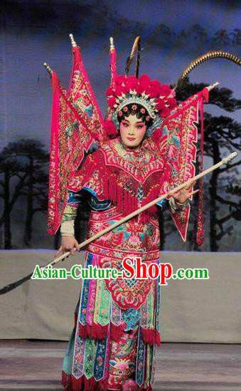 Chinese Cantonese Opera Female General Armor Garment Fan Lihua Return Tang Costumes and Headdress Traditional Guangdong Opera Apparels Tao Ma Tan Dress with Flags