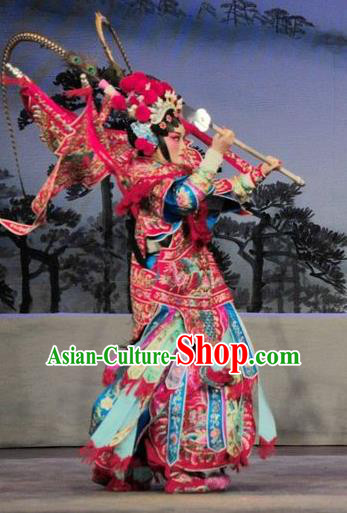 Chinese Cantonese Opera Female General Armor Garment Fan Lihua Return Tang Costumes and Headdress Traditional Guangdong Opera Apparels Tao Ma Tan Dress with Flags